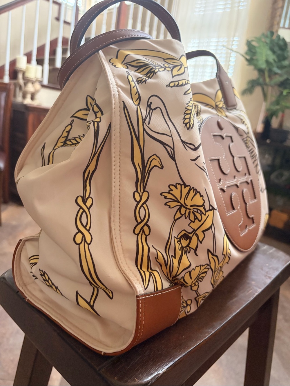 Tory Burch Cream, Tan & Yellow Floral Canvas Tote - Picture 4 of 7